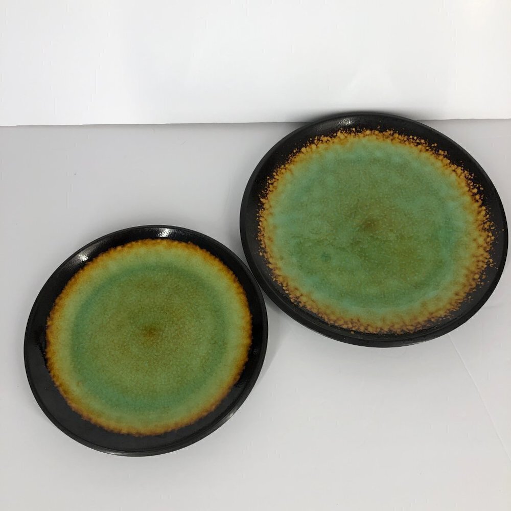 2 x‎ Over and Back Metropolitan Stoneware Crackle Blue Green Brown Plates